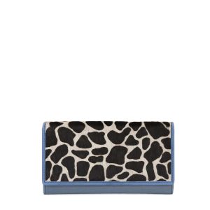 Women’s recycled leather wallet in light blue with animal print flap, card slots and bill compartments