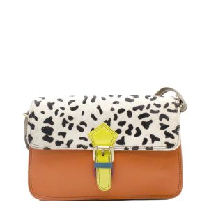 Women’s recycled leather crossbody bag in orange with animal print flap and adjustable shoulder strap