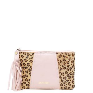 Authentic recycled leather pouch wallet in pink shades with animal print