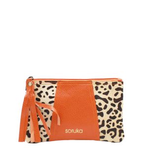 Authentic recycled leather pouch wallet in orange shades with animal print