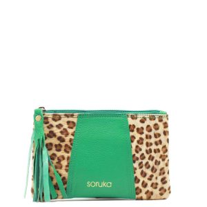 Authentic recycled leather pouch wallet in green shades with animal print