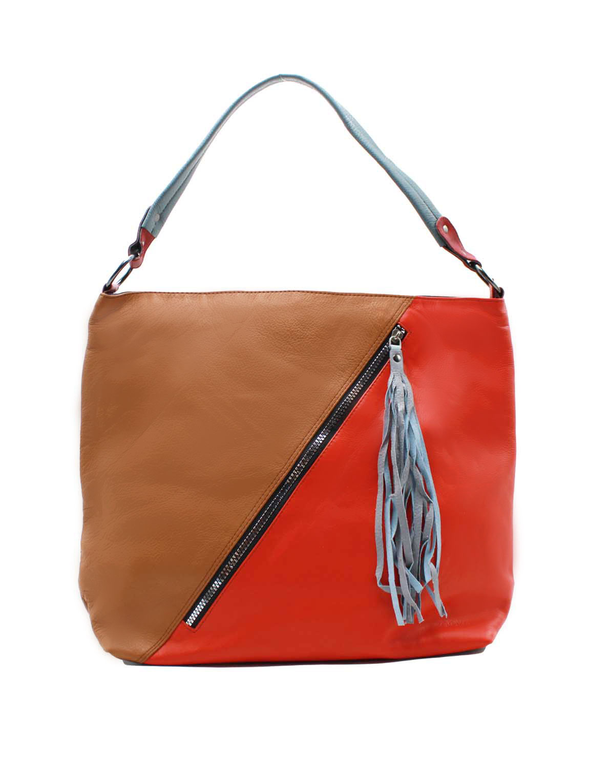 Handcrafted tote shoulder bag made from 100% recycled leather in brown and red colors, featuring a spacious compartment, multiple zipper pockets, and eco-friendly design, large stylish handbag for work and everyday use