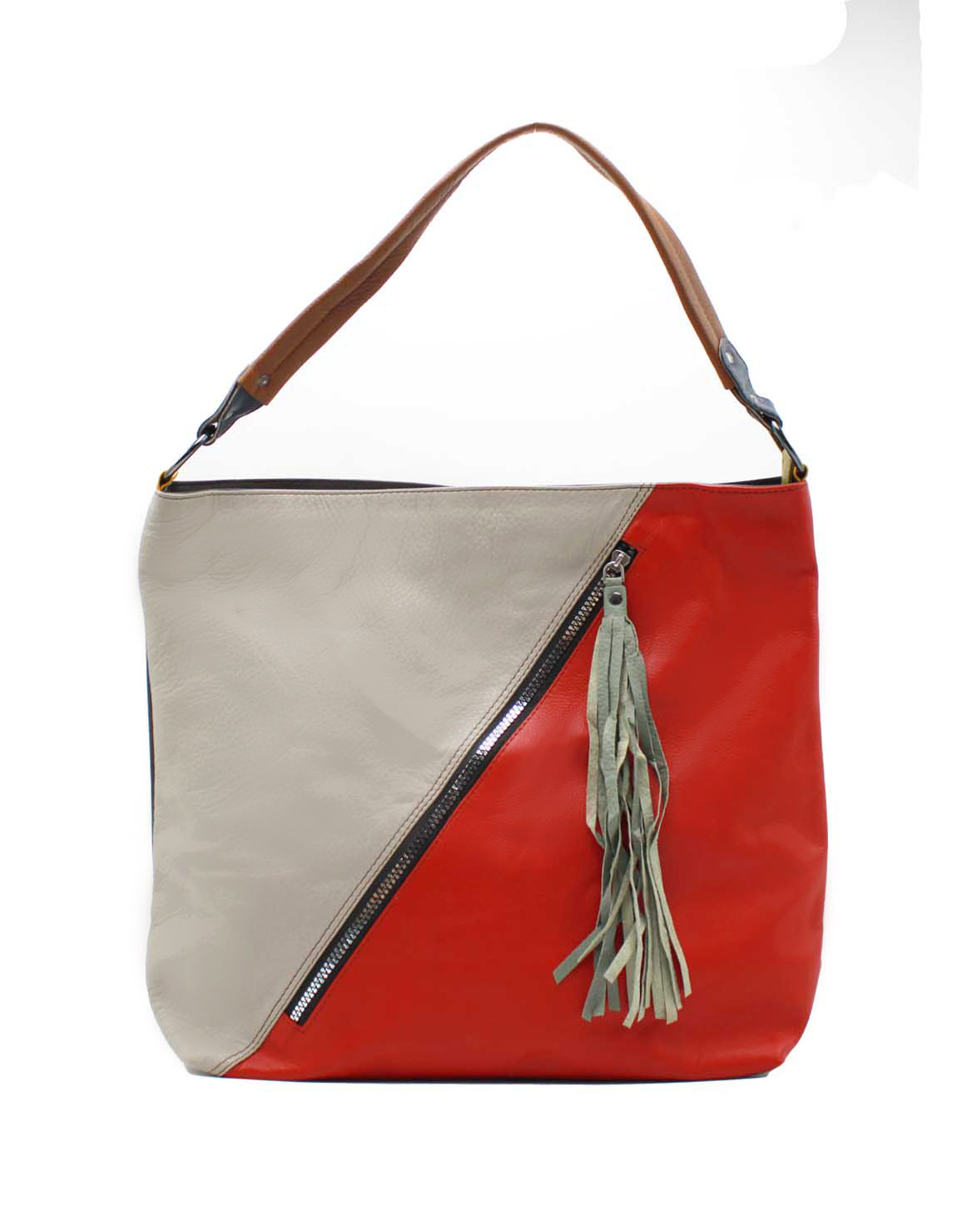 Handcrafted tote shoulder bag made from 100% recycled leather in gray and red colors, featuring a spacious compartment, multiple zipper pockets, and eco-friendly design, large stylish handbag for work and everyday use