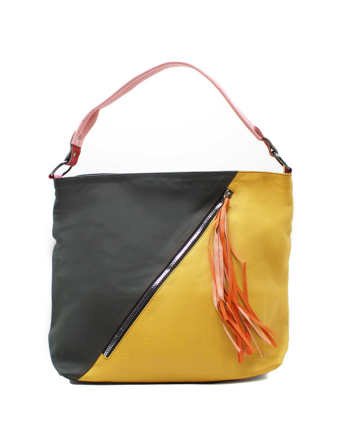 Handcrafted tote shoulder bag made from 100% recycled leather in black and yellow colors, featuring a spacious compartment, multiple zipper pockets, and eco-friendly design, large stylish handbag for work and everyday use