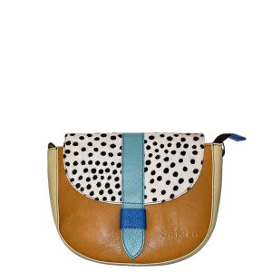 Women’s recycled leather crossbody bag in brown tones with animal print flap and adjustable leather strap