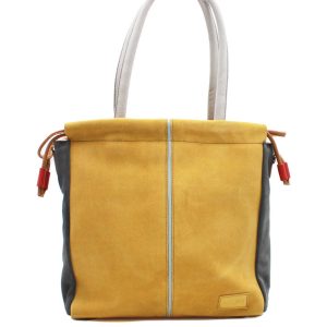 Handmade shoulder tote bag crafted from 100% recycled leather in yellow shades, featuring a spacious compartment, zip closure, adjustable strap, and top handles, eco-friendly everyday bag for work and travel