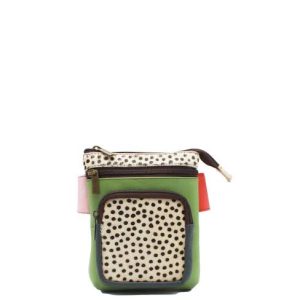 Handcrafted belt bag made from 100% recycled leather in green shades with animal print detail, featuring four zip compartments, lightweight hands-free design, and compact everyday storage, eco-friendly sling bag and waist pack for women