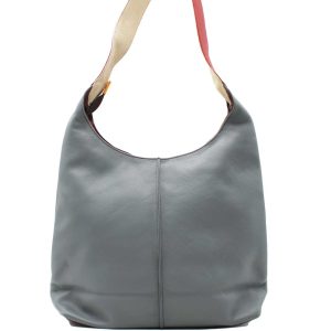 Handcrafted shoulder bag made from 100% recycled leather in gray and green tones, featuring a reversible design, spacious compartment, zipper closure, interior pockets, and wide shoulder strap, eco-friendly everyday handbag for women