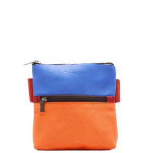 Handmade recycled leather belt bag in orange and blue tones with three compartments and adjustable strap
