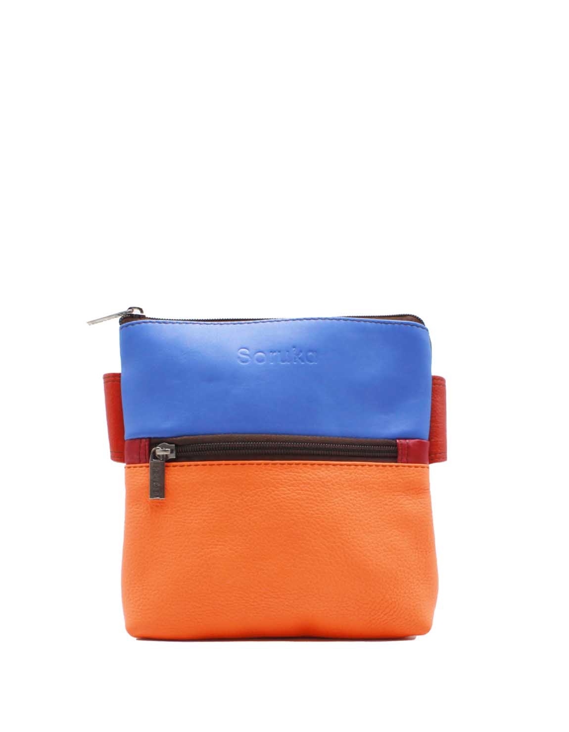 Handmade recycled leather belt bag in orange and blue tones with three compartments and adjustable strap