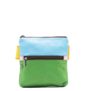 Handmade recycled leather belt bag in green and blue tones with three compartments and adjustable strap