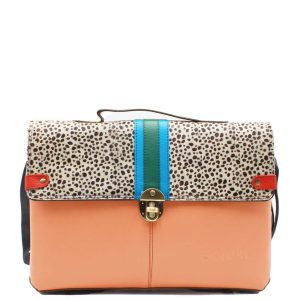 Handcrafted messenger bag made from 100% recycled leather in orange tones with animal print flap, featuring a spacious compartment, magnetic closures, top handle, and adjustable crossbody strap, eco-friendly briefcase bag for work and everyday use
