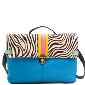 Handcrafted messenger bag made from 100% recycled leather in blue tones with animal print flap, featuring a spacious compartment, magnetic closures, top handle, and adjustable crossbody strap, eco-friendly briefcase bag for work and everyday use