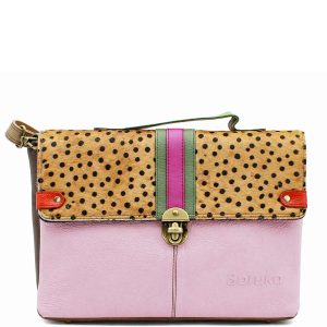 Handcrafted messenger bag made from 100% recycled leather in pink tones with animal print flap, featuring a spacious compartment, magnetic closures, top handle, and adjustable crossbody strap, eco-friendly briefcase bag for work and everyday use