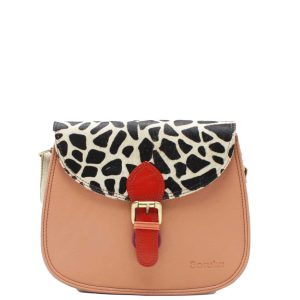 Handcrafted recycled leather crossbody bag in pink and grey tones with animal print detail, featuring 3 spacious compartments, magnetic flap closure, adjustable strap, and lightweight design, eco-friendly everyday handbag for women