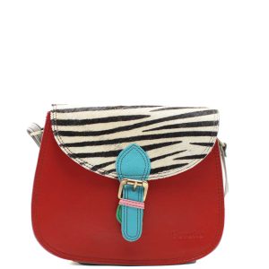 Handcrafted recycled leather crossbody bag in red and black tones with animal print detail, featuring 3 spacious compartments, magnetic flap closure, adjustable strap, and lightweight design, eco-friendly everyday handbag for women