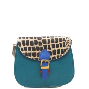 Handcrafted recycled leather crossbody bag in blue and grey tones with animal print detail, featuring 3 spacious compartments, magnetic flap closure, adjustable strap, and lightweight design, eco-friendly everyday handbag for women