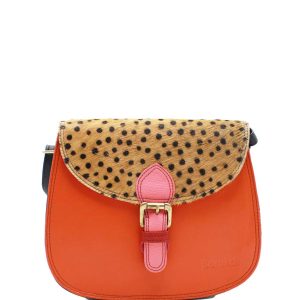 Handcrafted recycled leather crossbody bag in orange and brown tones with animal print detail, featuring 3 spacious compartments, magnetic flap closure, adjustable strap, and lightweight design, eco-friendly everyday handbag for women
