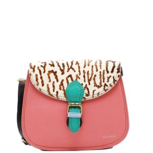 Handcrafted recycled leather crossbody bag in pink and grey tones with animal print detail, featuring 3 spacious compartments, magnetic flap closure, adjustable strap, and lightweight design, eco-friendly everyday handbag for women