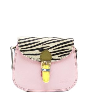 Handcrafted recycled leather crossbody bag in pink and black tones with animal print detail, featuring 3 spacious compartments, magnetic flap closure, adjustable strap, and lightweight design, eco-friendly everyday handbag for women