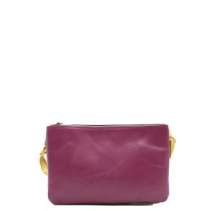Handcrafted small crossbody bag made from 100% recycled leather in purple and blue tones, featuring a reversible design, 3 compartments, and an adjustable strap, eco-friendly and stylish everyday handbag for women