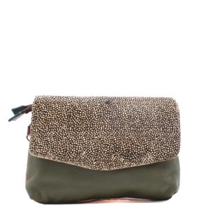 Handmade recycled leather crossbody bag featuring green and orange tones, a reversible animal print flap and adjustable shoulder strap