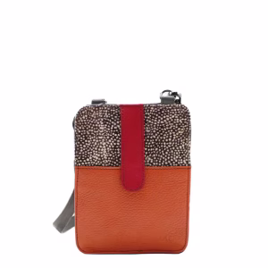 Handcrafted crossbody phone bag made from 100% recycled leather in orange tones, featuring card slots, zip pockets, adjustable leather strap, and compact design, eco-friendly phone purse for women
