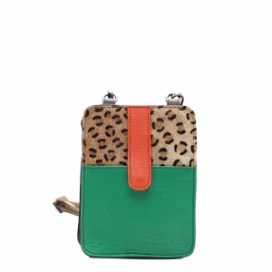 Handcrafted crossbody phone bag made from 100% recycled leather in green tones, featuring card slots, zip pockets, adjustable leather strap, and compact design, eco-friendly phone purse for women