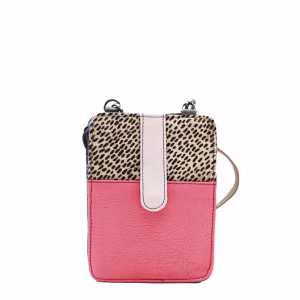 Handcrafted crossbody phone bag made from 100% recycled leather in pink tones, featuring card slots, zip pockets, adjustable leather strap, and compact design, eco-friendly phone purse for women