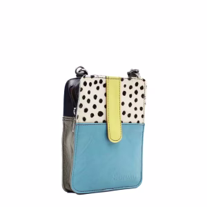 Handcrafted crossbody phone bag made from 100% recycled leather in blue tones, featuring card slots, zip pockets, adjustable leather strap, and compact design, eco-friendly phone purse for women