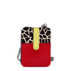 Handcrafted crossbody phone bag made from 100% recycled leather in red tones, featuring card slots, zip pockets, adjustable leather strap, and compact design, eco-friendly phone purse for women