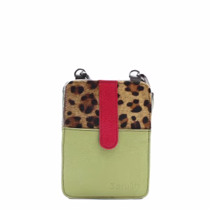 Handcrafted crossbody phone bag made from 100% recycled leather in green tones, featuring card slots, zip pockets, adjustable leather strap, and compact design, eco-friendly phone purse for women