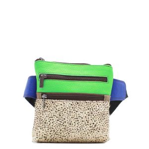 Handcrafted recycled leather belt bag in greem and blue shades with animal print detail, featuring multiple zip compartments, adjustable waist strap, and compact lightweight design, eco-friendly sling bag and fanny pack for women