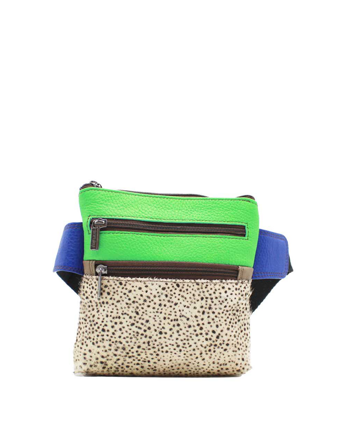 Handcrafted recycled leather belt bag in greem and blue shades with animal print detail, featuring multiple zip compartments, adjustable waist strap, and compact lightweight design, eco-friendly sling bag and fanny pack for women
