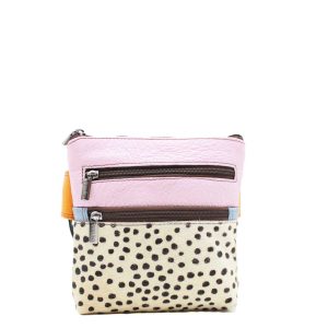 Handcrafted recycled leather belt bag in pink and orange shades with animal print detail, featuring multiple zip compartments, adjustable waist strap, and compact lightweight design, eco-friendly sling bag and fanny pack for women