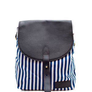 Women’s recycled leather and canvas crossbody bag in azure blue tones with adjustable shoulder strap