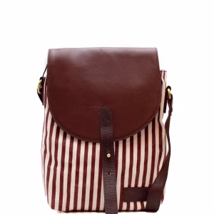 Women’s recycled leather and canvas crossbody bag in cioccolato tones with adjustable shoulder strap