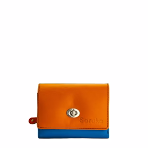 Women’s recycled leather wallet in orange and blue