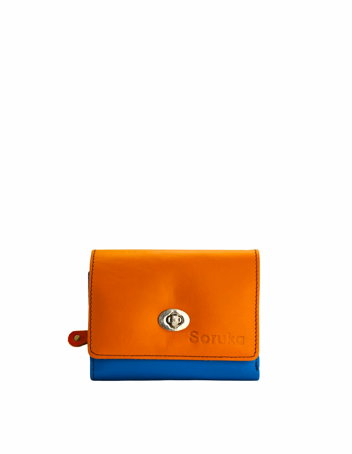 Women’s recycled leather wallet in orange and blue