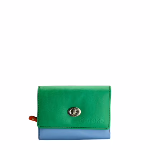 Women’s recycled leather wallet in green and blue