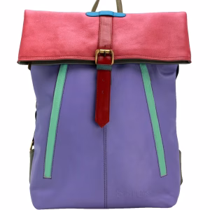Women’s recycled leather backpack in purple and pink tones with adjustable straps and spacious interior
