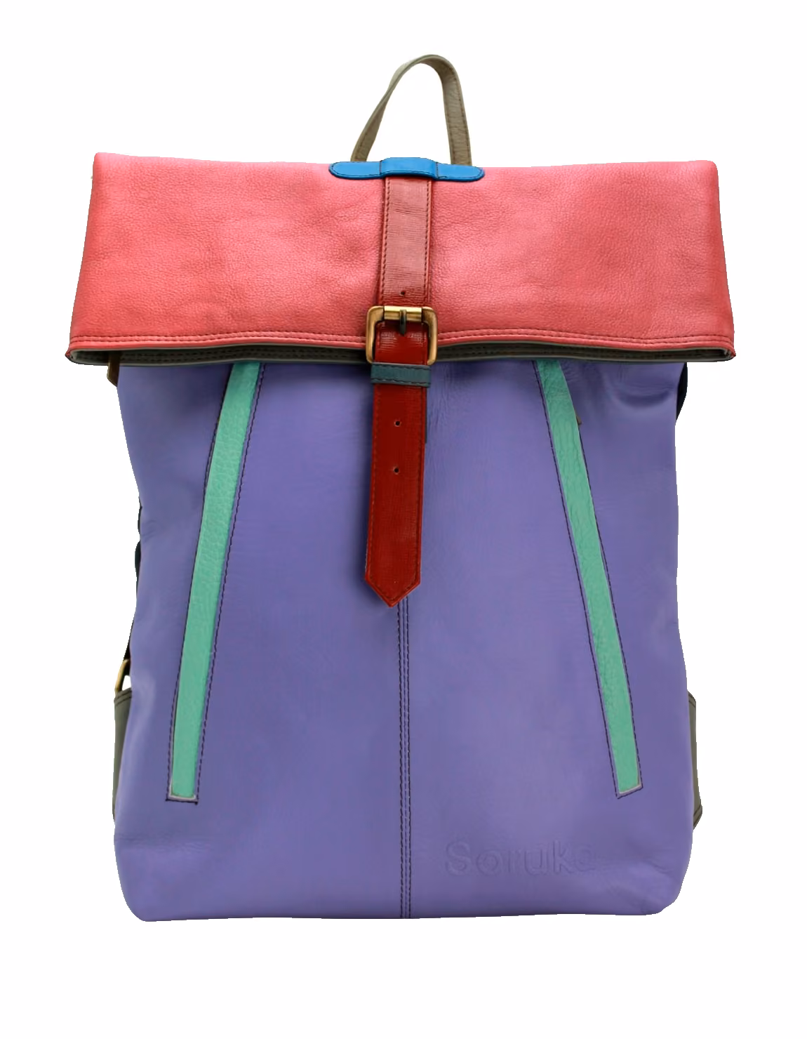 Women’s recycled leather backpack in purple and pink tones with adjustable straps and spacious interior