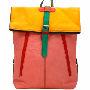 Women’s recycled leather backpack in pink and yellow tones with adjustable straps and spacious interior