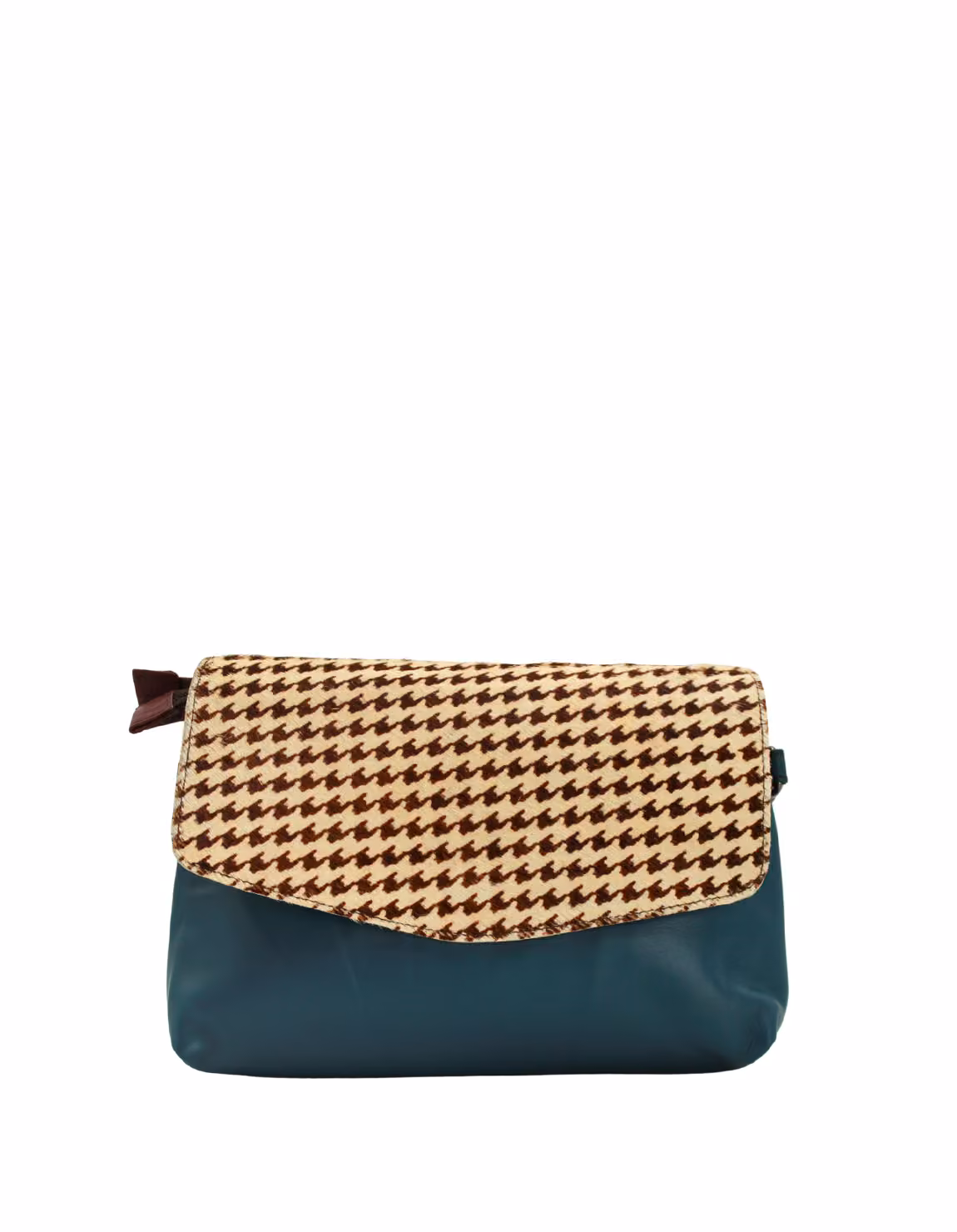 Women’s recycled leather reversible crossbody bag in blue and purple tones with adjustable shoulder strap