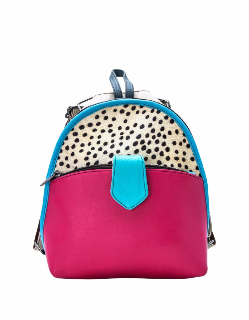 Women’s recycled leather convertible backpack and crossbody bag in Pink and Blue tones