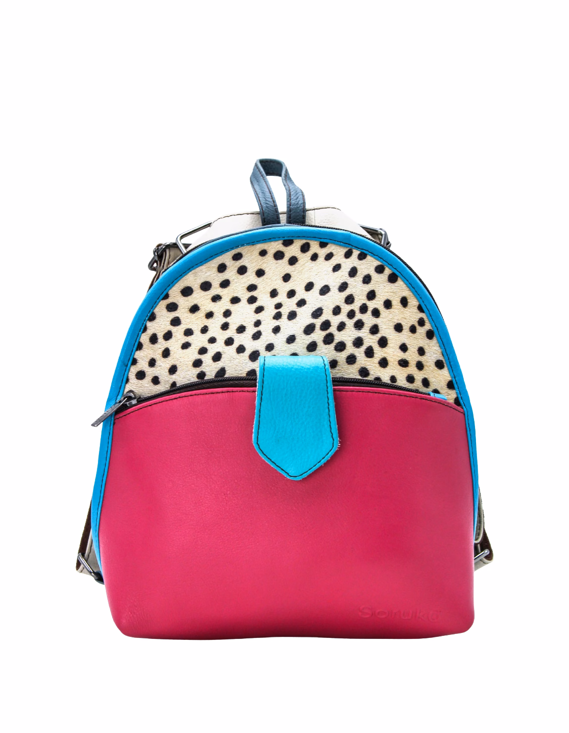 Women’s recycled leather convertible backpack and crossbody bag in Pink and Blue tones