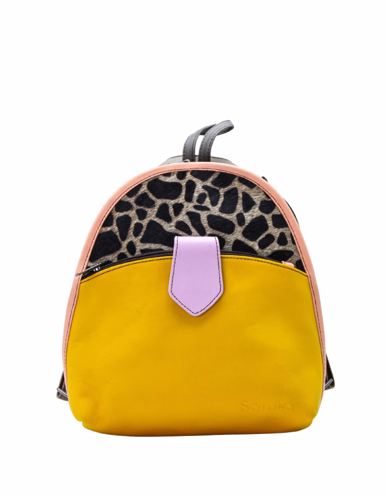 Women’s recycled leather convertible backpack and crossbody bag in Yellow and Pink tones