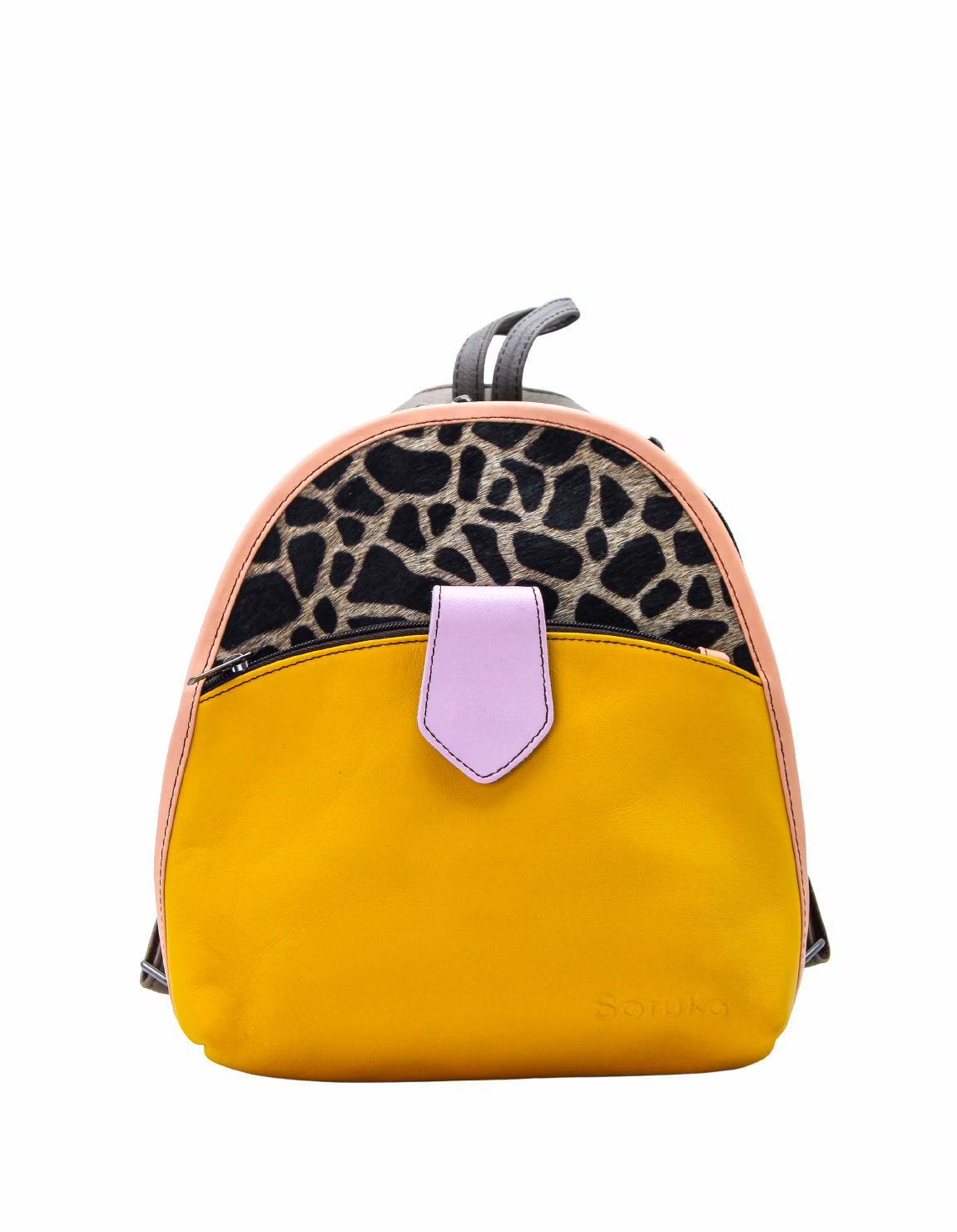 Women’s recycled leather convertible backpack and crossbody bag in Yellow and Pink tones