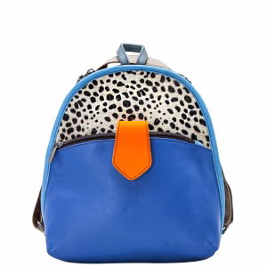 Women’s recycled leather convertible backpack and crossbody bag in Blue and Orange tones