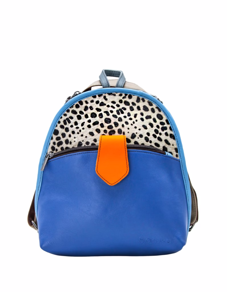 Women’s recycled leather convertible backpack and crossbody bag in Blue and Orange tones